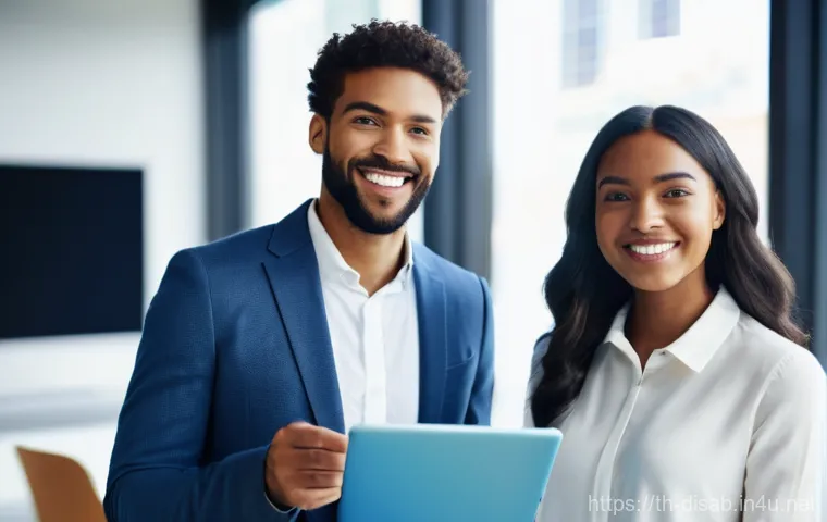 장애인재활상담사 해외 취업 가능성 - **Prompt:** A diverse group of young, enthusiastic professionals, both male and female, in a modern,...