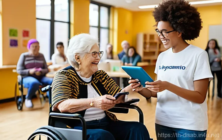 장애인재활상담사와 복지 서비스 - **Prompt:** A compassionate rehabilitation therapist, dressed in comfortable, professional attire, g...