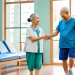 장애인재활상담사 교육 콘텐츠 - **Prompt:** A compassionate Thai female physiotherapist, in her late 20s, wearing clean, professiona...