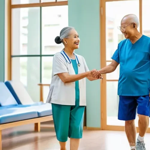 장애인재활상담사 교육 콘텐츠 - **Prompt:** A compassionate Thai female physiotherapist, in her late 20s, wearing clean, professiona...