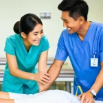 장애인재활상담사 연차별 연봉 - A bright, hopeful young Thai physical therapist, in her early twenties, is warmly smiling while gent...