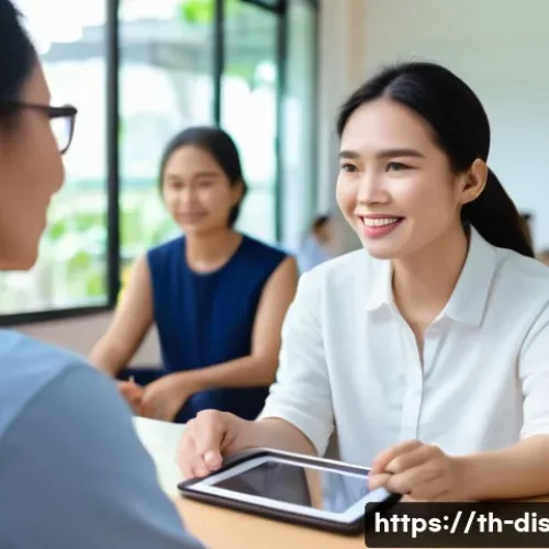 장애인재활상담사와 장애인 취업 지원 - A warm and inclusive counseling session scene in a modern Thai community center, showing a compassio...