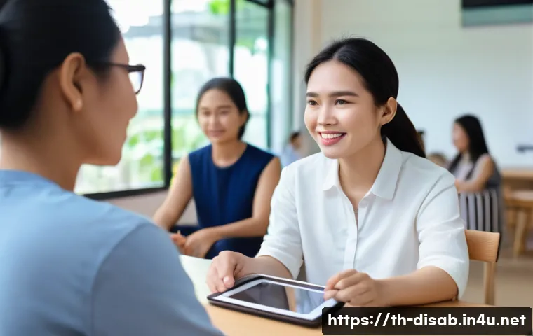 장애인재활상담사와 장애인 취업 지원 - A warm and inclusive counseling session scene in a modern Thai community center, showing a compassio...