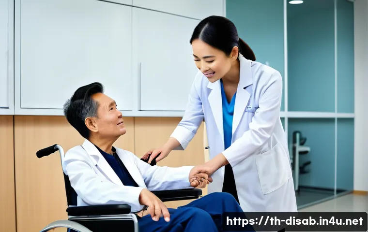 장애인재활상담사와 사회적 가치 - A compassionate rehabilitation counselor, an Asian woman in professional attire, attentively assessi...