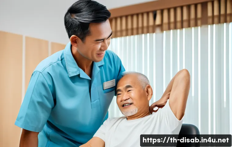 장애인재활상담사 중점과목 소개 - A compassionate physical therapist in a modern Thai rehabilitation center, carefully assessing a mid...