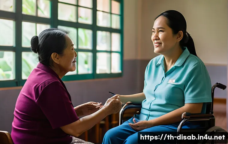 장애인재활상담사 상담 목표 설정 - A compassionate Thai counselor attentively listening to a middle-aged disabled woman in a cozy commu...