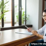 Home 22 장애인재활상담사 상담 일지 작성법 - A professional consultation scene in a modern Thai clinic, featuring a middle-aged Thai woman in cas...