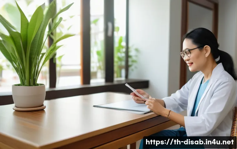 장애인재활상담사 상담 일지 작성법 - A professional consultation scene in a modern Thai clinic, featuring a middle-aged Thai woman in cas...