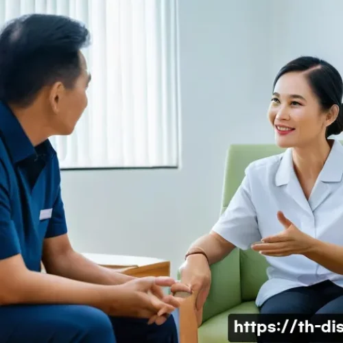 Home 33 장애인재활상담사로서 성장하는 방법 - A professional rehabilitation therapist attentively listening and engaging in a warm, empathetic con...