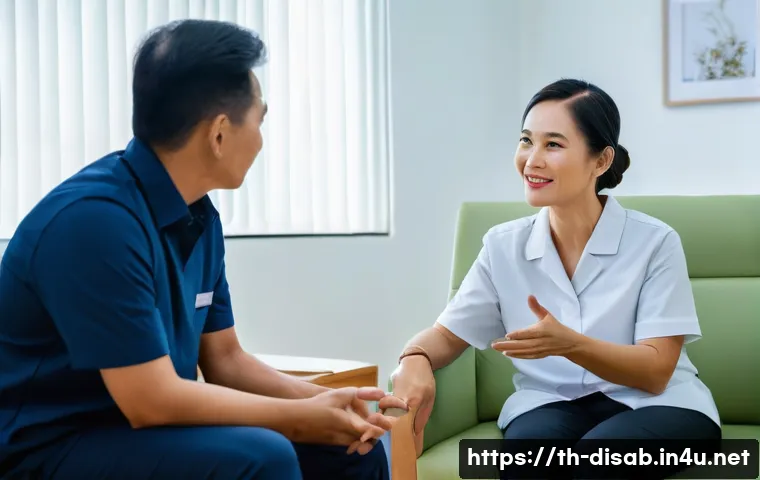장애인재활상담사로서 성장하는 방법 - A professional rehabilitation therapist attentively listening and engaging in a warm, empathetic con...