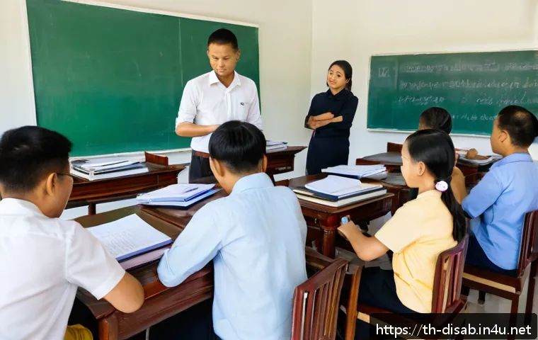 장애인재활상담사 자격시험 난이도 - A professional Thai classroom setting with diverse adult students attentively studying disability re...