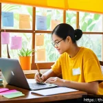 Home 23 장애인재활상담사 학습 스터디 팁 - A focused young Thai adult studying at a cozy home desk, surrounded by colorful mind maps pinned on ...