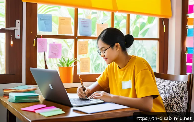 장애인재활상담사 학습 스터디 팁 - A focused young Thai adult studying at a cozy home desk, surrounded by colorful mind maps pinned on ...