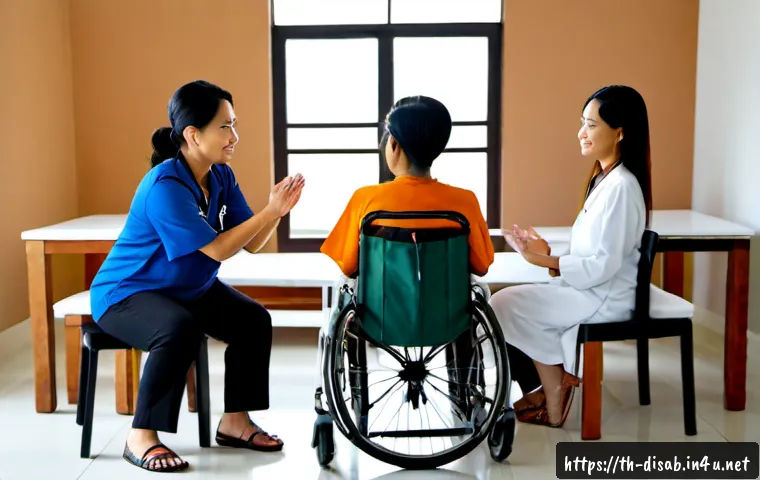 Home 29 장애인재활상담사 팀워크 사례 - Photorealistic rehabilitation counseling team meeting in a modern Thai community health center, a wh...