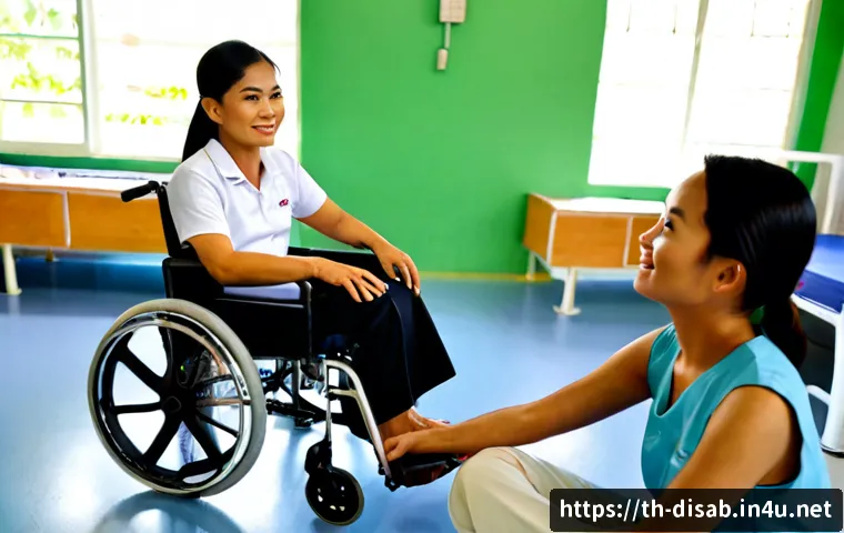 Home 17 장애인재활상담사와 장애 인식 프로그램 - Photorealistic disability rehabilitation counselor in a welcoming Thai community health center, seat...